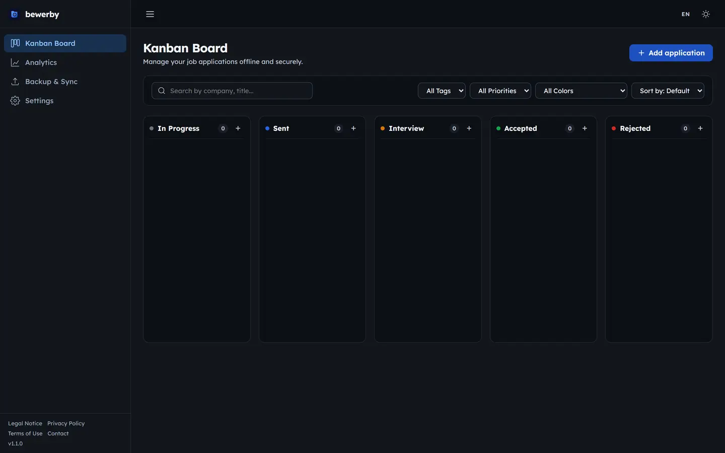 bewerby application board with its Kanban columns