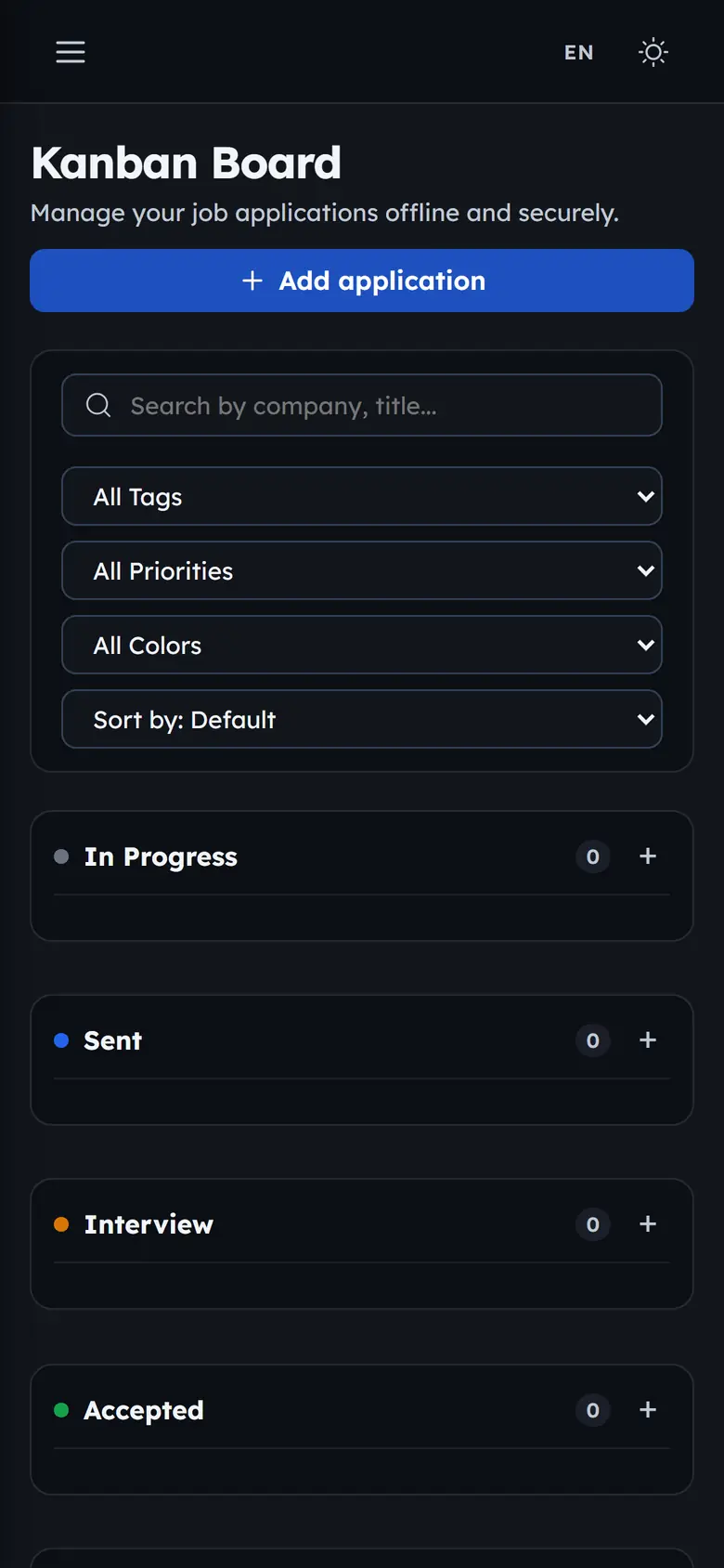 bewerby application board with its Kanban columns — mobile layout