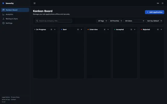 bewerby application board with its Kanban columns