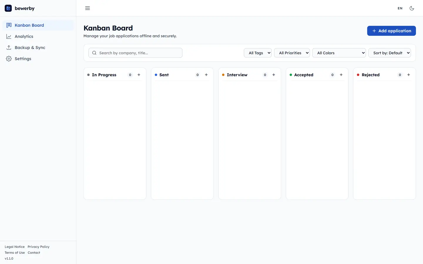 bewerby application board with its Kanban columns