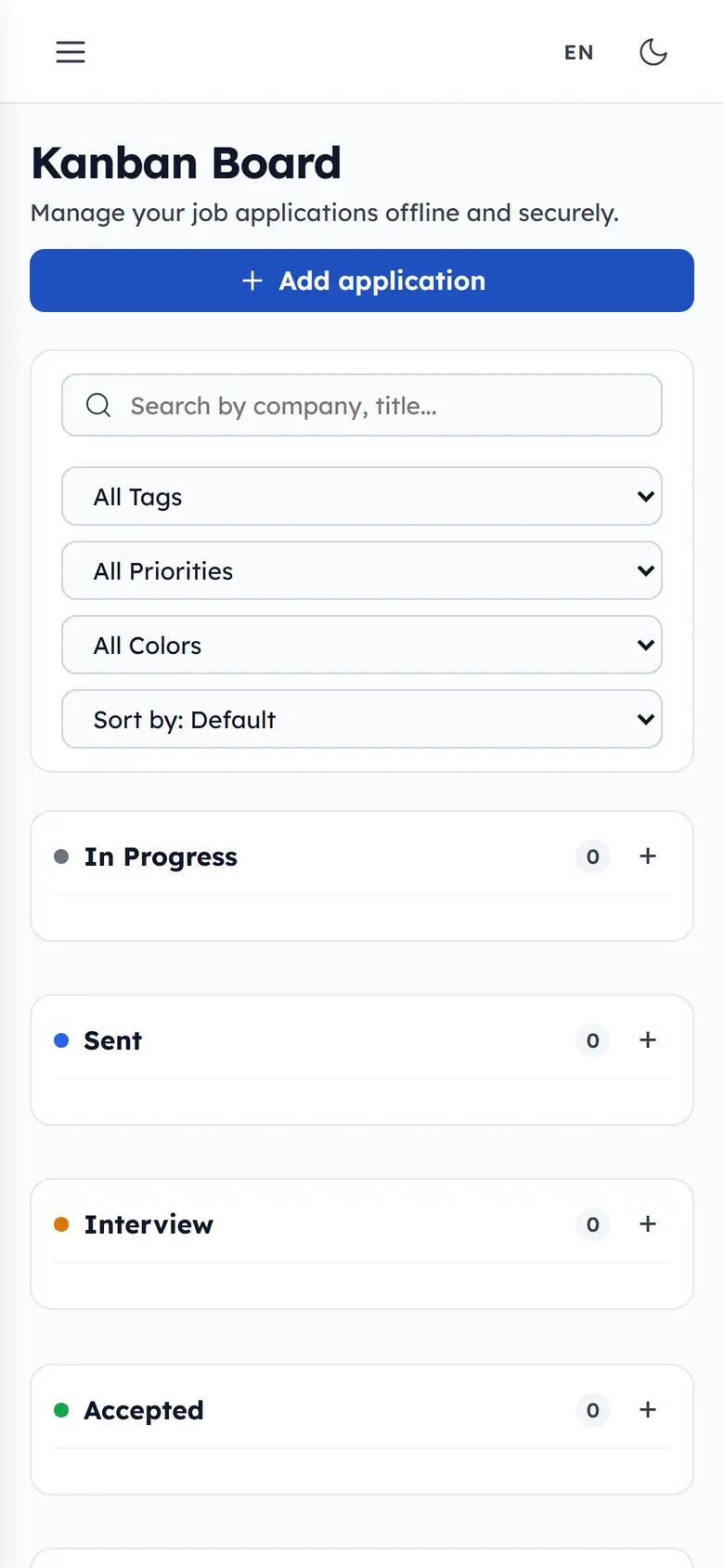 bewerby application board with its Kanban columns — mobile layout