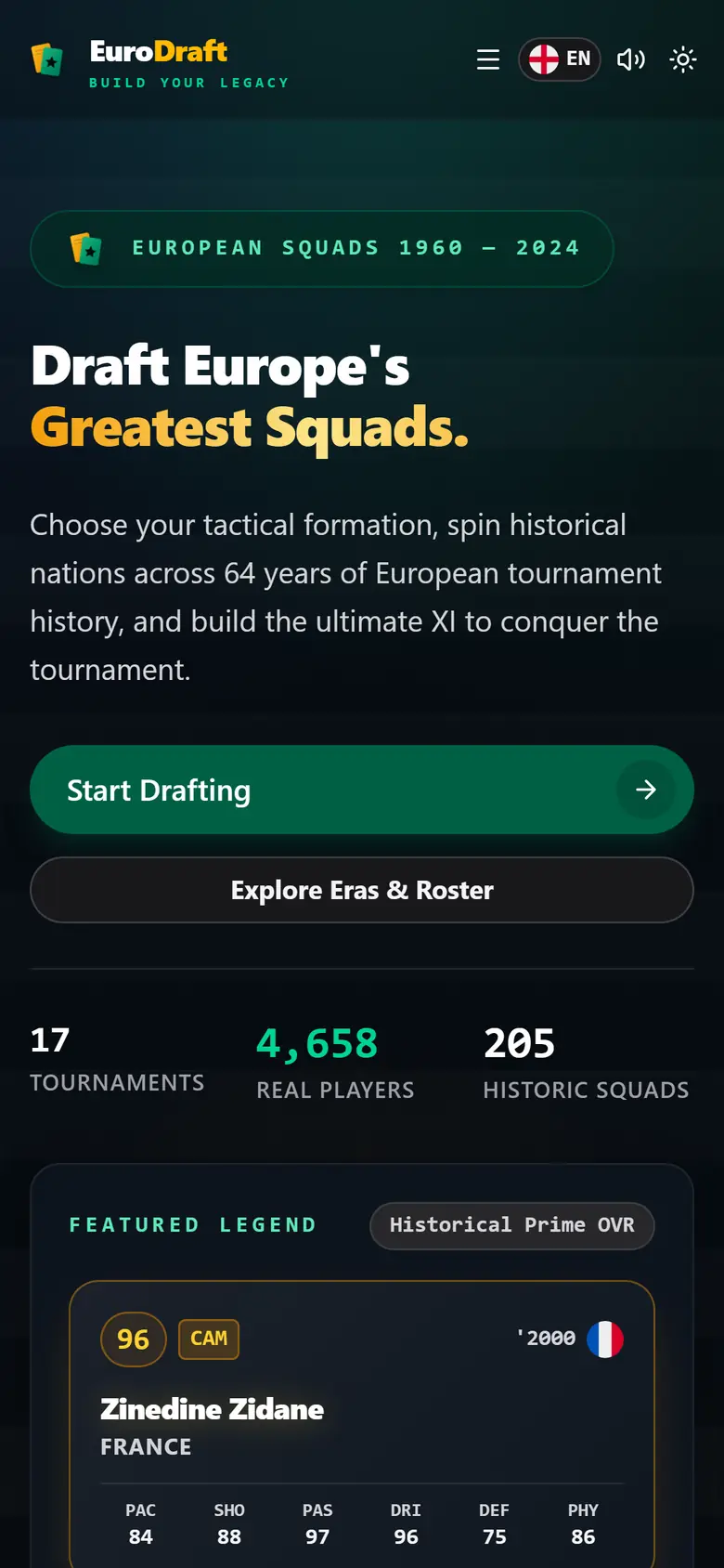 EuroDraft landing page showing the dream team draft concept — mobile layout