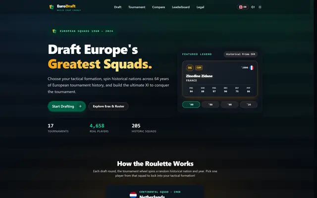 EuroDraft landing page showing the dream team draft concept