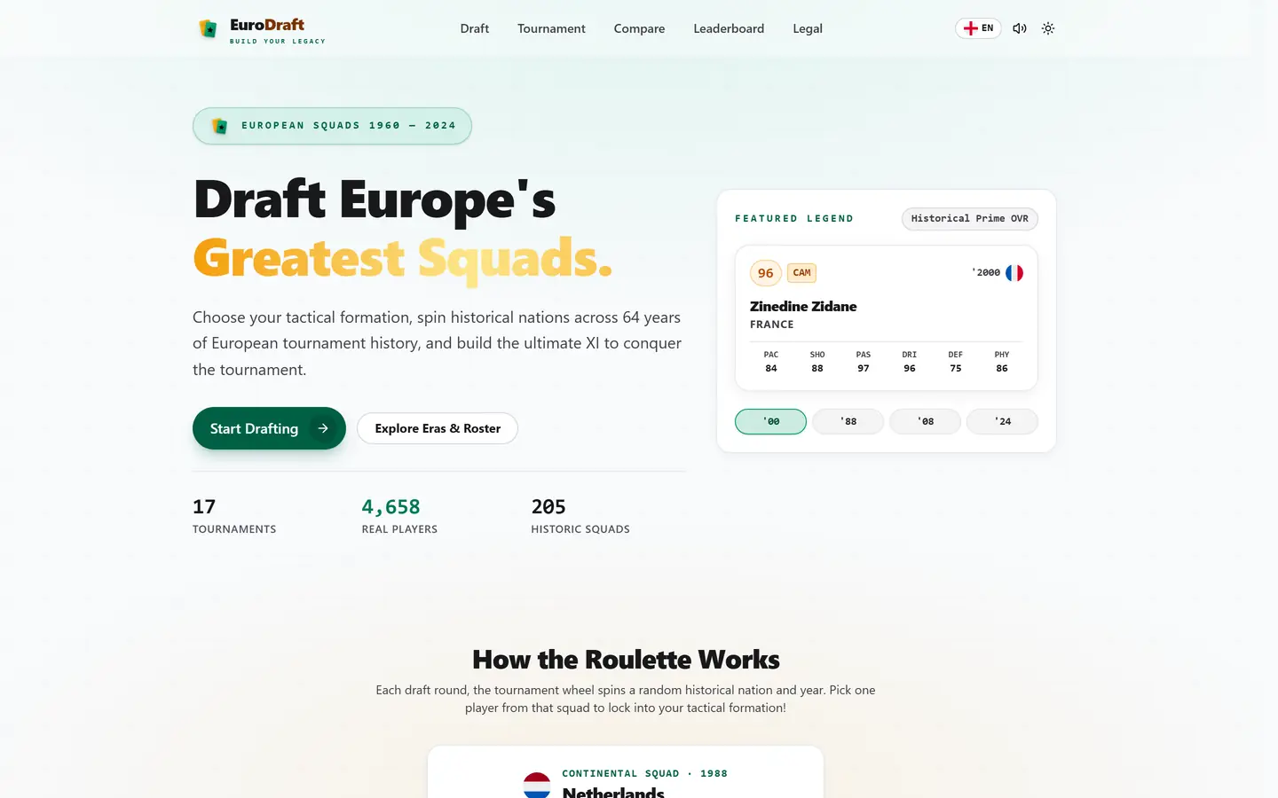 EuroDraft landing page showing the dream team draft concept