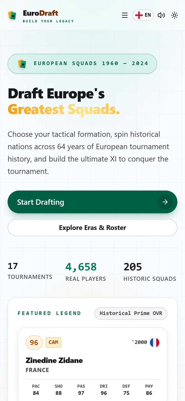 EuroDraft landing page showing the dream team draft concept — mobile layout