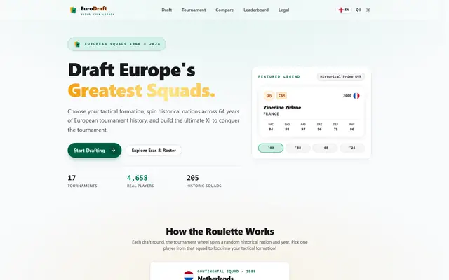 EuroDraft landing page showing the dream team draft concept