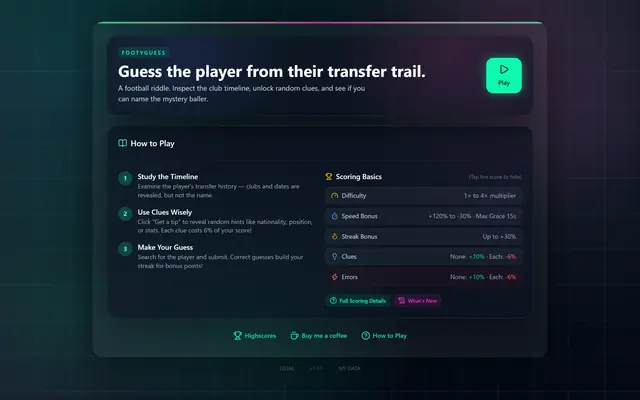 footyguess game view with a player card and revealed clues