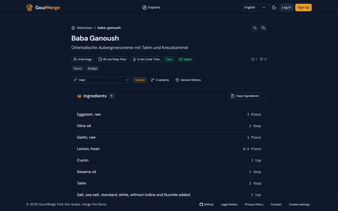 GourMerge recipe page showing a recipe with its branch and commit history controls