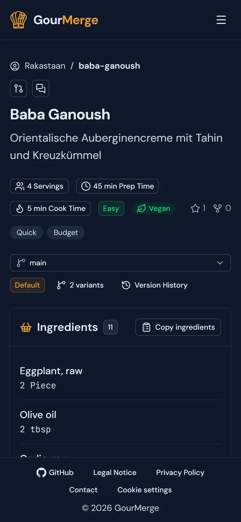 GourMerge recipe page showing a recipe with its branch and commit history controls — mobile layout