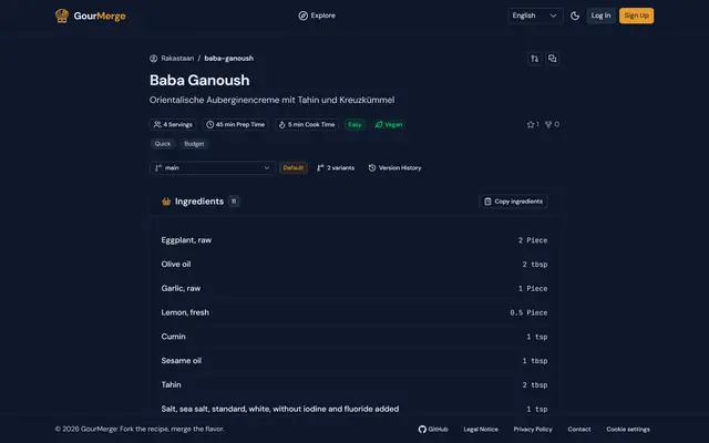 GourMerge recipe page showing a recipe with its branch and commit history controls