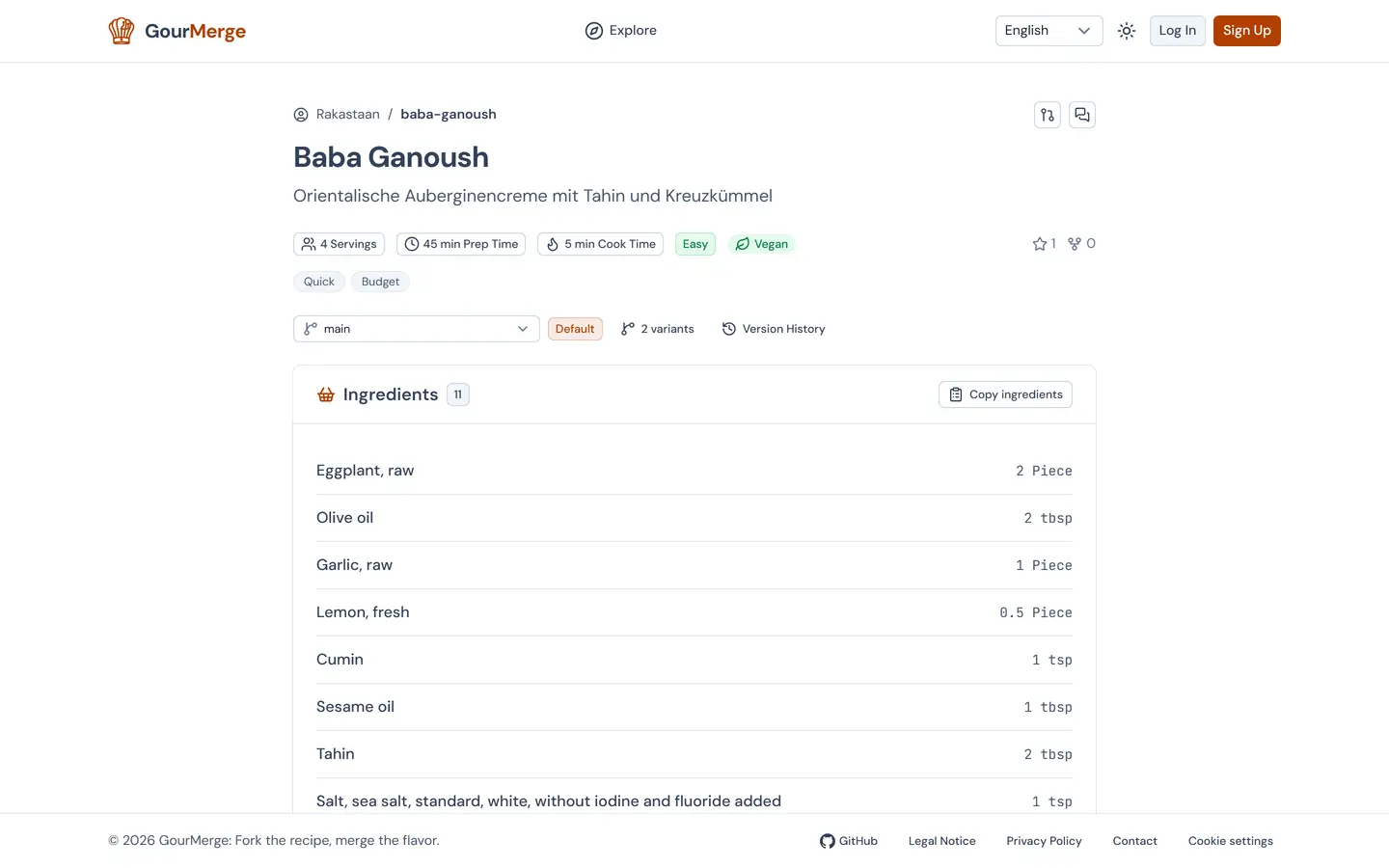 GourMerge recipe page showing a recipe with its branch and commit history controls