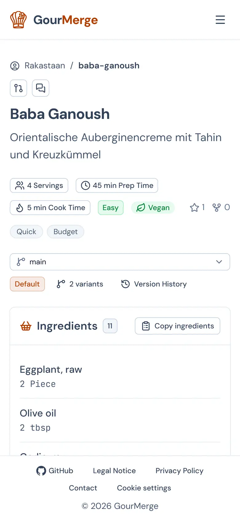 GourMerge recipe page showing a recipe with its branch and commit history controls — mobile layout