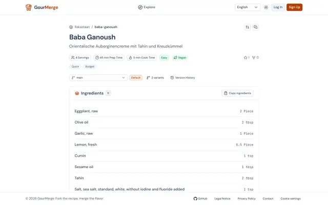 GourMerge recipe page showing a recipe with its branch and commit history controls