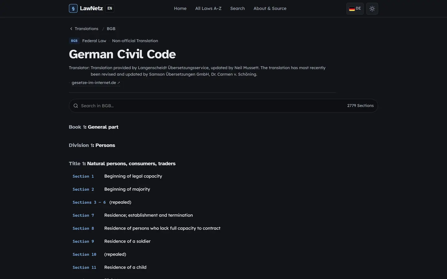 LawNetz statute page for the German Civil Code with its section search and table of contents