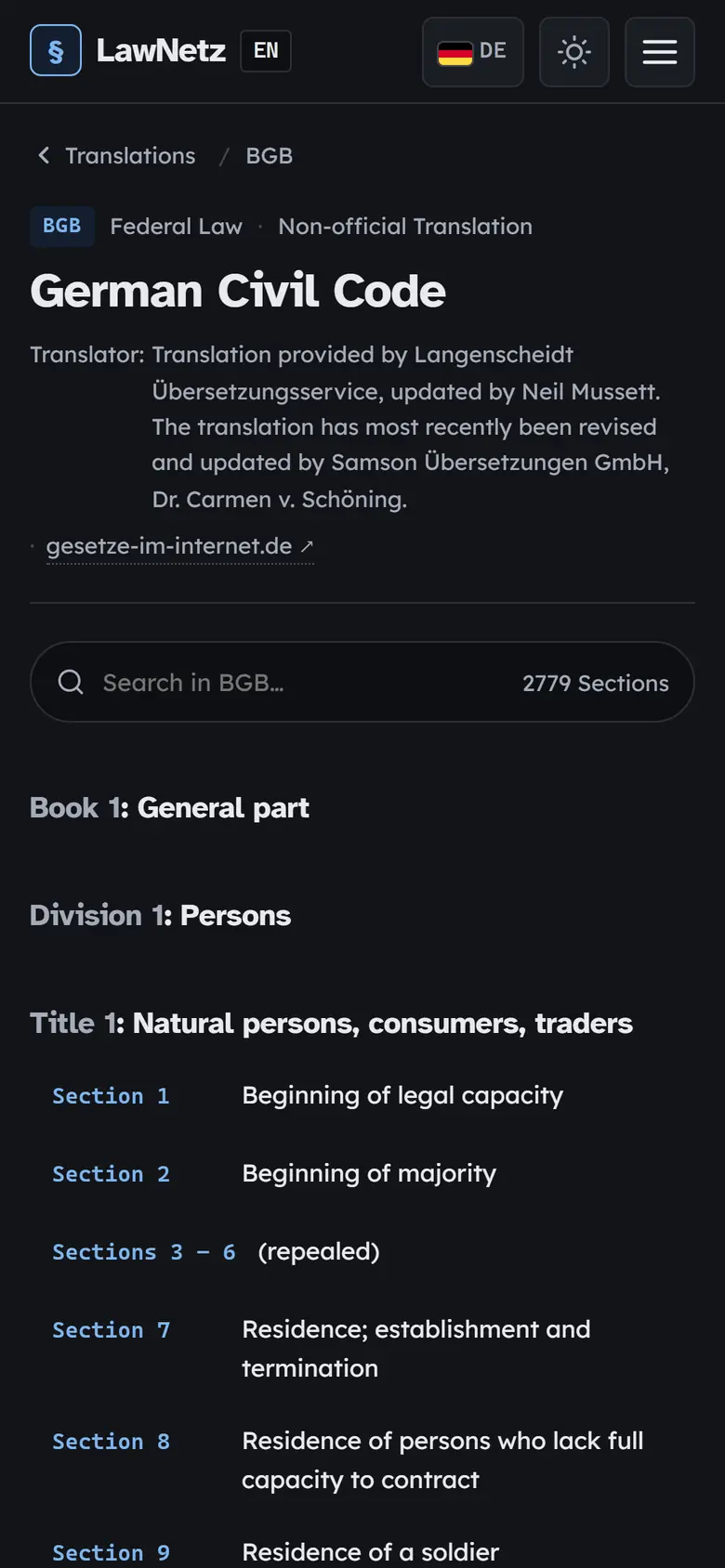 LawNetz statute page for the German Civil Code with its section search and table of contents — mobile layout