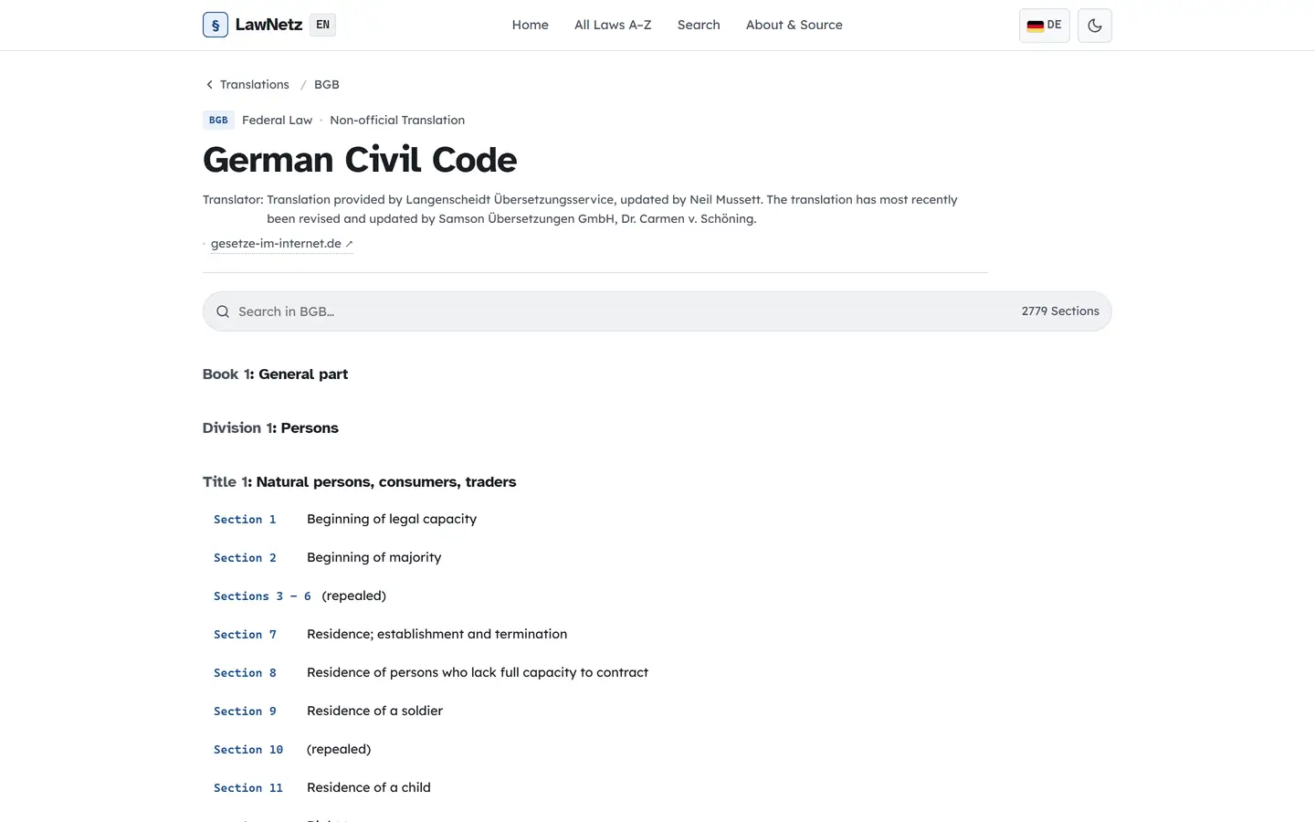 LawNetz statute page for the German Civil Code with its section search and table of contents