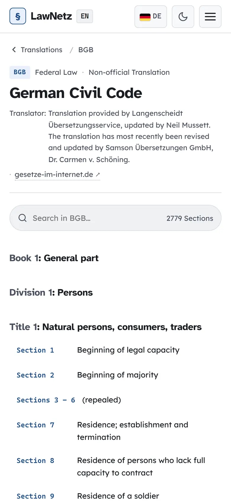 LawNetz statute page for the German Civil Code with its section search and table of contents — mobile layout