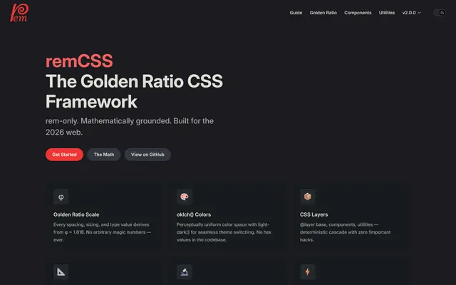 remCSS documentation site showing the framework's type scale