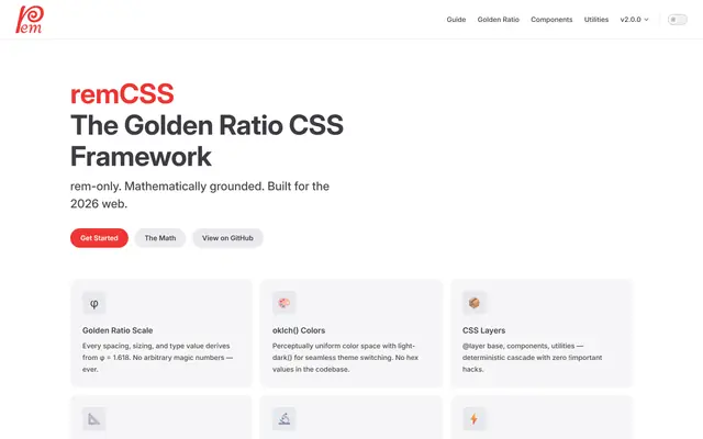 remCSS documentation site showing the framework's type scale