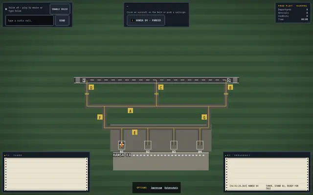 tower67 game view: a pixel-art airfield with runway 27, taxiways and two dot-matrix printers logging the radio traffic