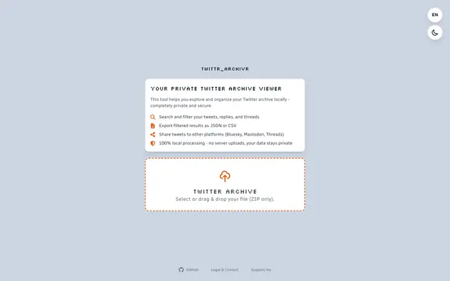 Twittr Archivr interface for browsing an imported Twitter archive
